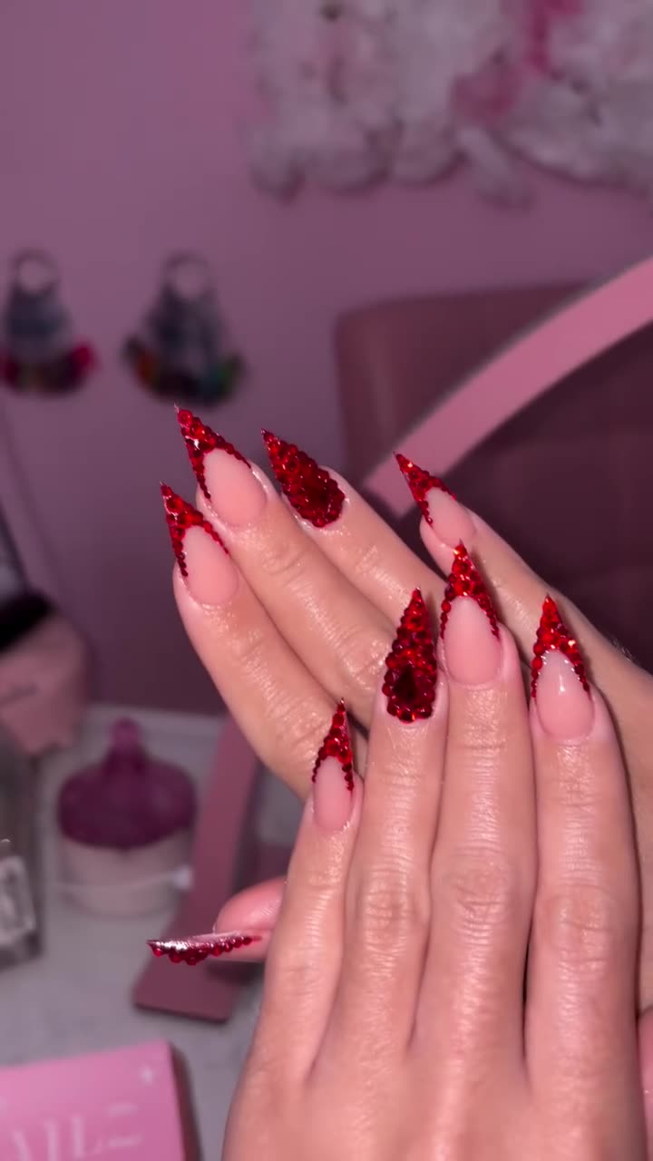 Red glitter French tip stiletto nails